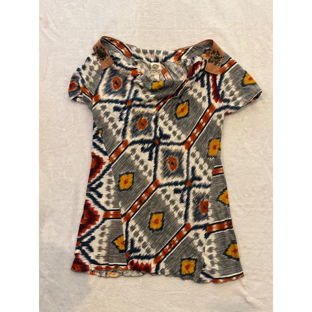 Anthropologie Tiny Ikat Diamond‎ Cowl Neck Studded Shoulder Top Grey Orange Med